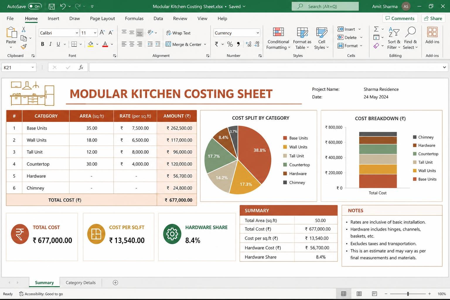 Modular Kitchen Costing Sheet — interior design toolkit template preview