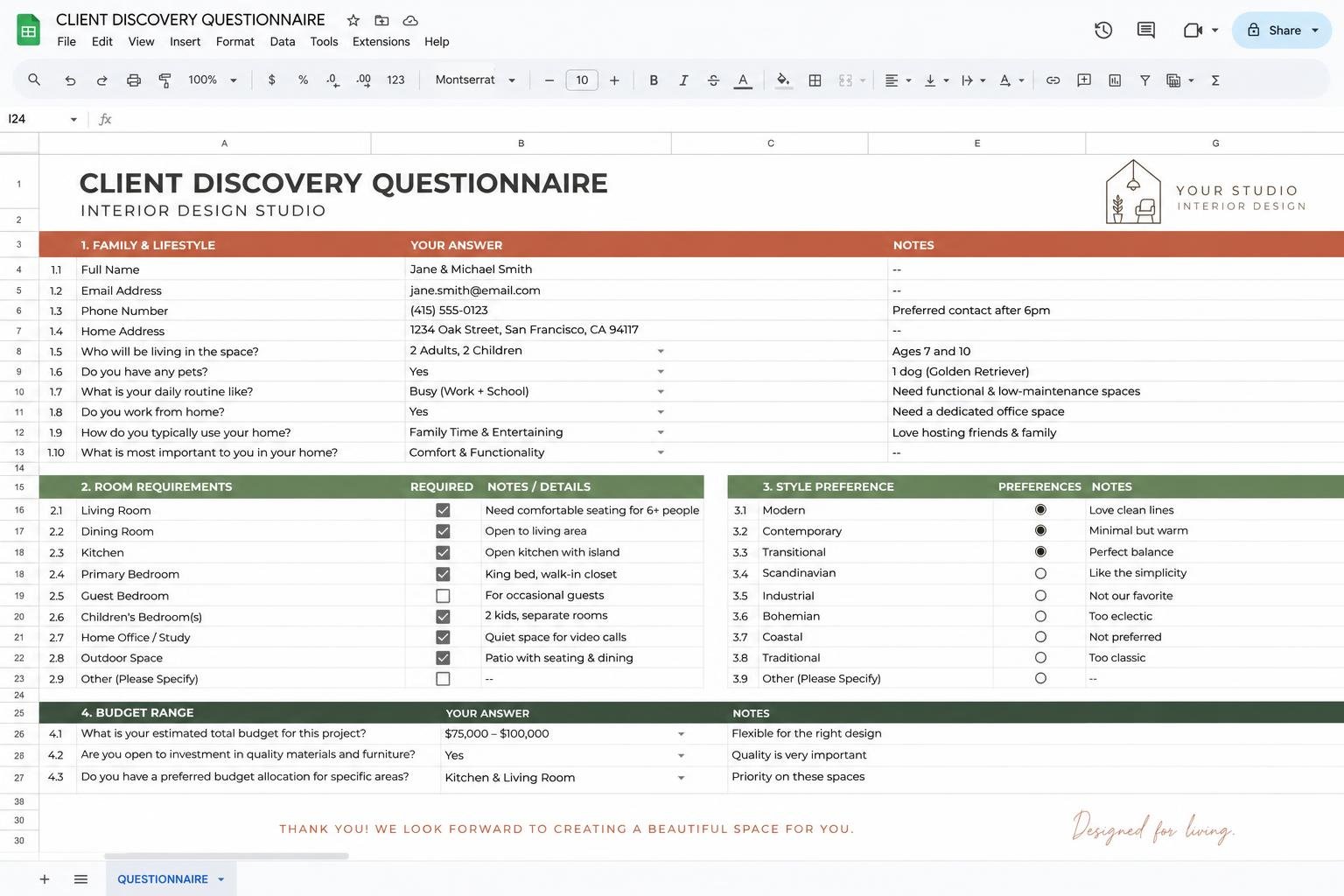 Client Discovery Questionnaire — interior design toolkit template preview