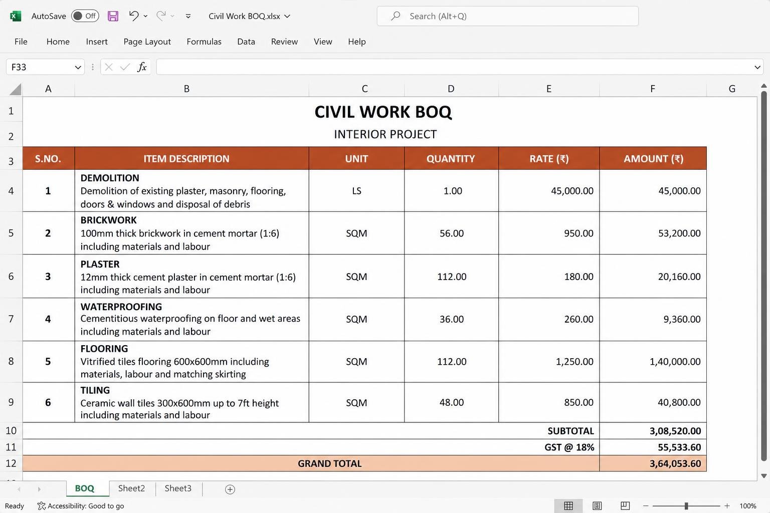 Civil Work BOQ — interior design toolkit template preview