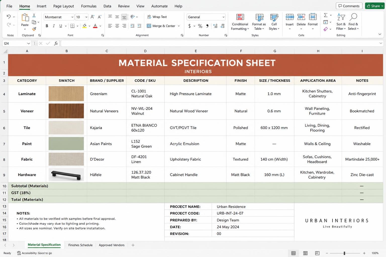 Material Specification Sheet — interior design toolkit template preview