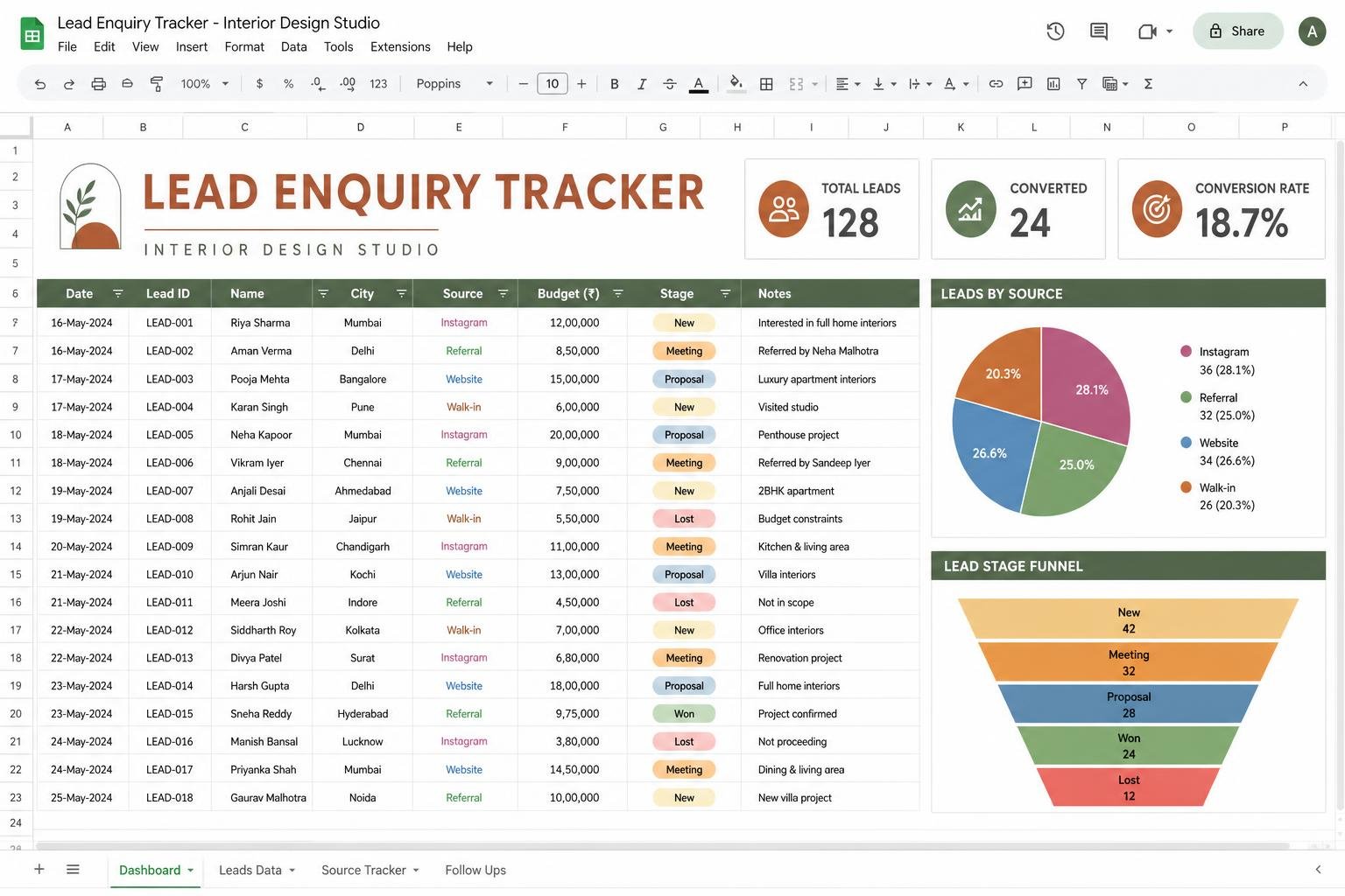 Lead Enquiry Tracker — interior design toolkit template preview