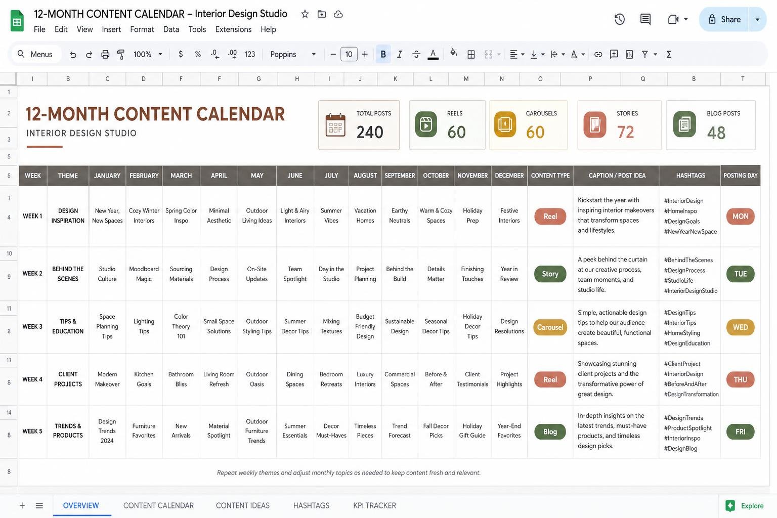 12-Month Content Calendar — interior design toolkit template preview